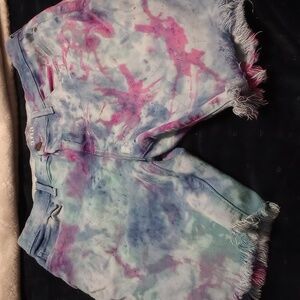 a.n.a. high-rise denim Bermuda tye dye shorts